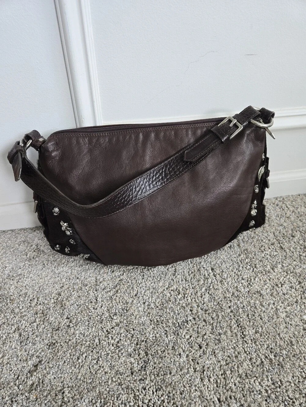 Berge Brown Leather Calfhair Hobo Shoulder Bag Charms Rhinestone Made in Italy